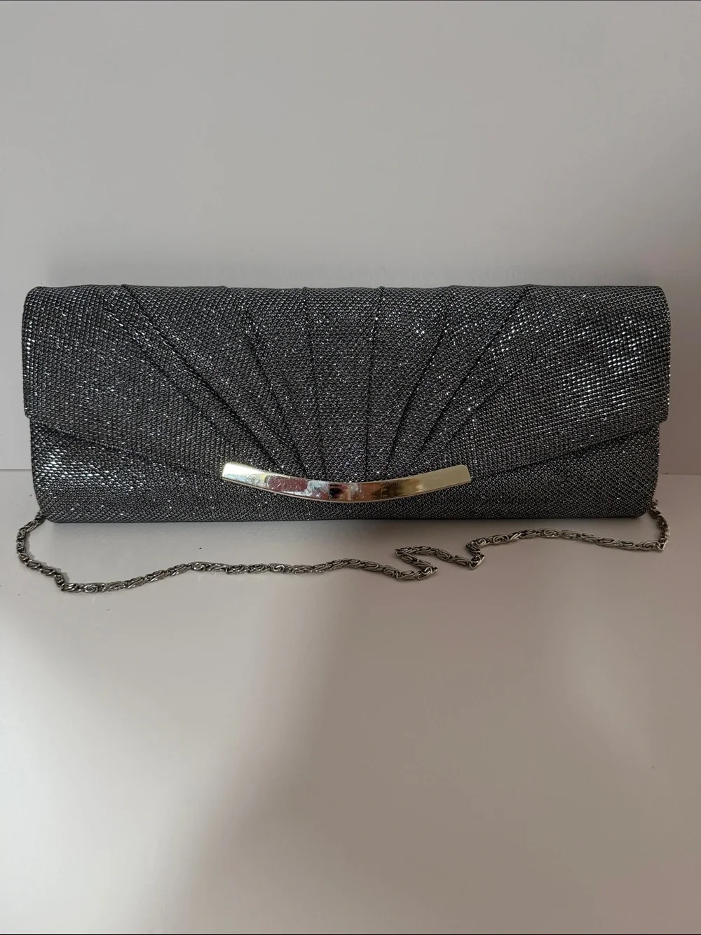 Jessica McClintock Metallic Gray Evening Clutch with Chain Strap